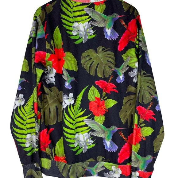 NEFF Mens Medium Sweatshirt Pullover Tropical Garden Hummingbird Black Red - Picture 3 of 5
